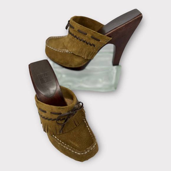 Frye (6.5) Lacey Suede Moccasin Slip-On Mule Heel Clog - Picture 2 of 12